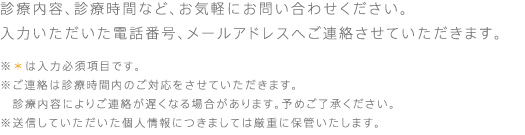 診療内容、診療時間など、お気軽にお問い合わせください。入力いただいた電話番号、メールアドレスへご連絡させていただきます。※＊は入力必須項目です。※ご連絡は診療時間内のご対応をさせていただきます。診療内容によりご連絡が遅くなる場合があります。予めご了承ください。※送信していただいた個人情報につきましては厳重に保管いたします。